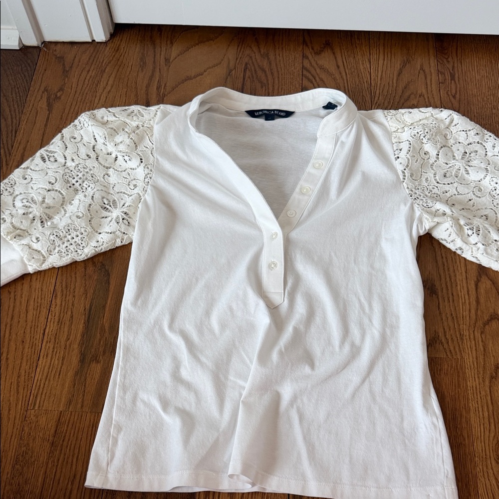 Veronica Beard White Blouse with Lace Sleeves